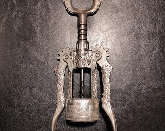 Vintage kurkentrekker met wijnstokdecoratie - zilverkleurige kurkentrekker uit het midden van de eeuw voor collectie, cadeau, keuken, bar