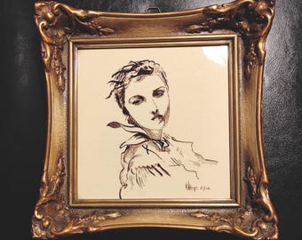 Marco de madera dorado vintage (21 x 21 cm) sin revestimiento de vidrio / Con azulejo de cerámica pintado a mano / Azulejo antiguo pintado a mano