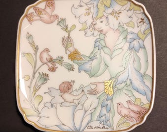 Plato decorativo vintage de colección alemán Hutschenreuther con flores / Plato de pared pintado a mano con la imagen de la madre y el niño / Plato para anillos, bandeja para baratijas