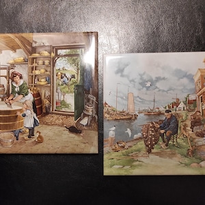 Set of two decorative ceramic tiles made in Holland with reproductions of paintings/Wall ceramic tiles with glazed paintings