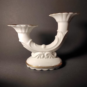 Vintage White and Gold Porcelain German Double Candlestick/Antique Candle Holder Beyer and Bock Volkstedt Porcelain Manufactory Mid Century