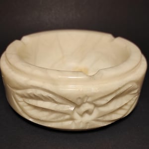 Vintage large heavy natural stone ashtray with hand carved flowers and branches
