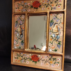 Vintage Peruvian Wood Frame with Hand Painted Glass Decor - Antique Wood and Glass Frame Mirror - Old Wall Mirror for Vintage Home Decor