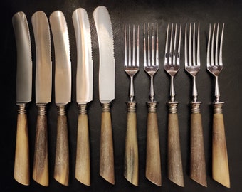 Solingen/Set of 10 antique cutlery with horn handles/German knives and forks from the beginning of the last century in very good condition