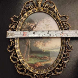 Puede incluir: Marco de fotos ovalado y ornamentado con una pintura de paisaje. El marco es de color dorado y mide aproximadamente 25 cm de largo. La pintura representa &aacute;rboles, un campo y agua. El marco tiene adornos decorativos.