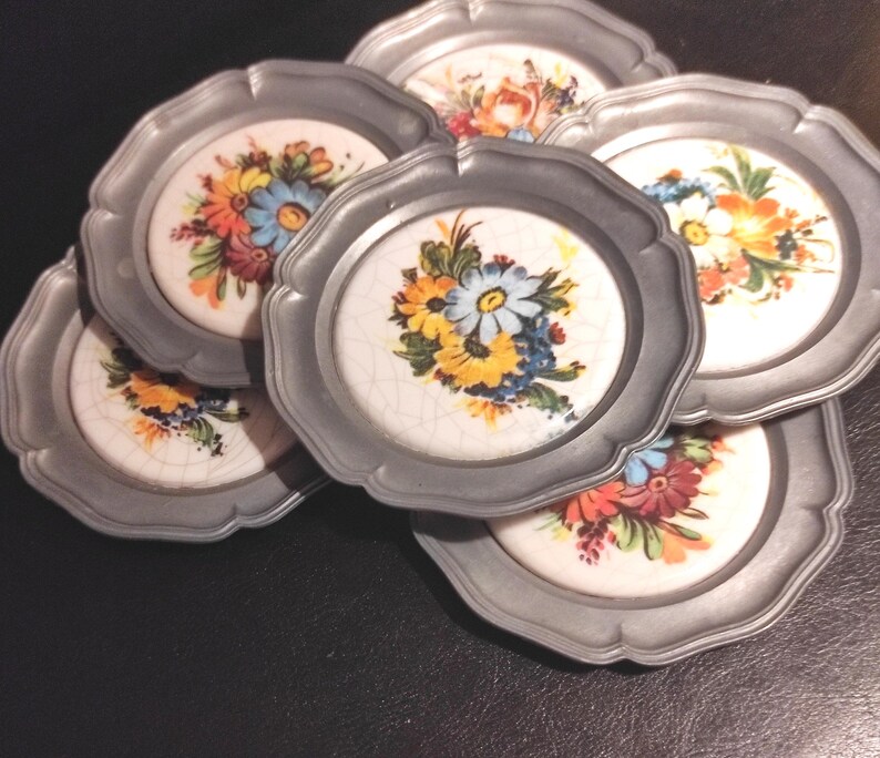Set of 6 Vintage German Pewter Coasters - Old Mid-century Metal ...