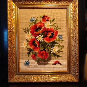 Large Vintage Ornate Gold Wood-Plaster Wide Frame Vintage Red Flowers Cross Stitch No Glass Cover/Mid Century Frame 11 1/4x13 3/4&quot; 28.6x35cm