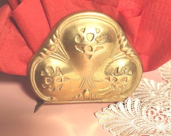 Napkin Holder - Vintage Solid Brass Napkin Holder with Floral Pattern / Letter Holder Paper Holder / Dining Table Decor, Desk Decor