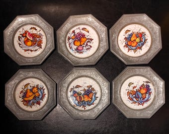 Set of 6 Vintage Pewter Coasters - Vintage German Mid-Century Metal Coasters - For Vintage Decor for your Kitchen, Bar, Restaurant