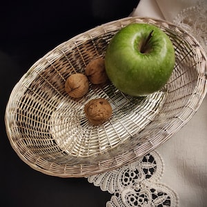 Vintage Silver Plated Steel Wire Oval Basket for Fruits, Cookies and Other Baked Goods - Old Mid-Century Silver Plated Wire Bowl, Germany