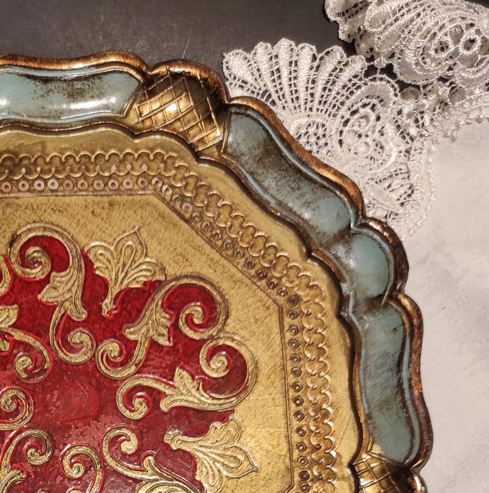 Decorative Tray Vintage Florentine Gold Red and Blue Old Round Shabby ...