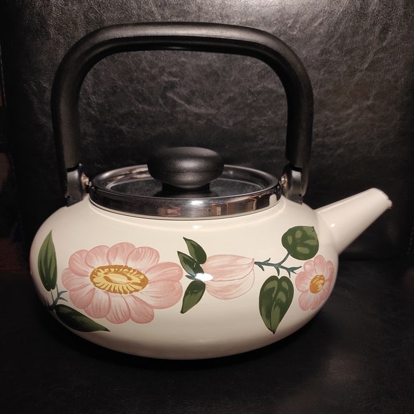 Design Villeroy&Boch Wild rose - Vintage enamel steel teapot kettle Asta - 2 liters - Old durable enameled kettle teapot West Germany 80s.