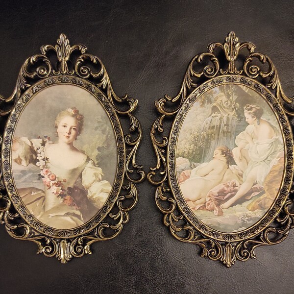 Deux cadres vintage italiens en métal plaqué laiton sans couvercle en verre/cadres photo avec impressions sur papier ancien - petit cadre ovale de couleur bronze vieilli