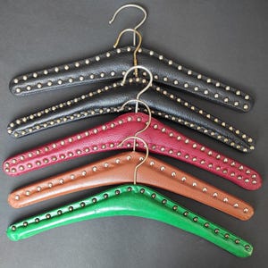 Set of 5 vintage wooden hangers decorated with leatherette and rivets/Hangers for jackets, vintage hallway, dressing room dekor, photo props