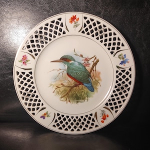 Vintage German porcelain openwork decorative wall plate with bird pattern - Porcelain perforated plate with bird
