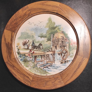 Vintage Wood Oak Brown Round Frame 10 3/4"- 27 cm / Wooden Frame Without Glass With Painting on Round Italian Ceramic Tile