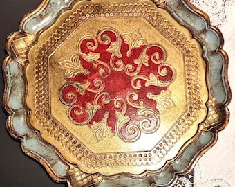 Decorative Tray Vintage Florentine Gold Red and Blue Old Round Shabby Italian Hand Painted Tray / Plastic Tray for Vintage Mid Century Decor