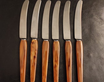 Conjunto vintage de 6 facas de frutas Solingen Eichenlaub com cabos de baquelite - Facas pequenas em bom estado, fabricadas na Alemanha, décadas de 1940 e 1950.