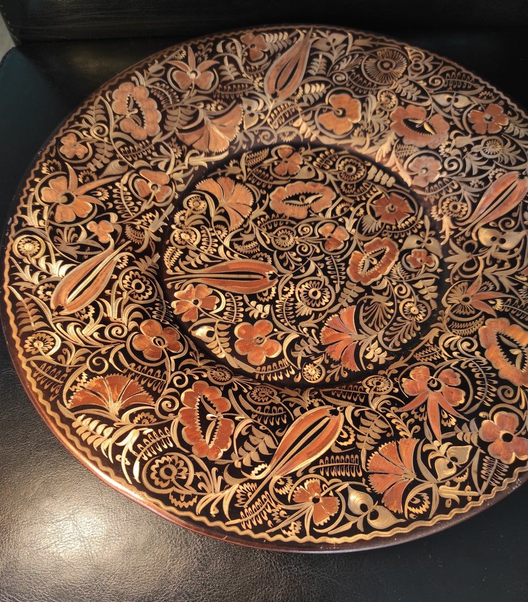 Large Vintage Copper Tray for Serving With Brass Inlay and Engraving