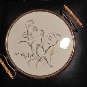 Vintage large round German ceramic serving tray with brass, bamboo handles/Serving tray for vintage decor of the kitchen, cafe, restaurant