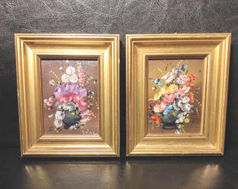 Set of Two Small Vintage Wooden Gold Frames with Old Original Paintings from the 90s