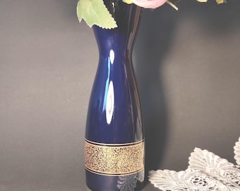 Vintage Small German Porcelain Flower Vase with Cobalt and Gold Plated - Small Blue and Gold Porcelain Vase - Volkstedt Porzellan