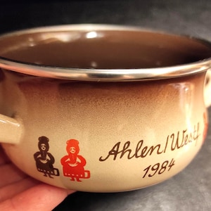 Small Enamel Pot with Handles German Vintage 80's - Antique Enamel Sauce Pot for Vintage Decor, Collection, Display, Table Setting