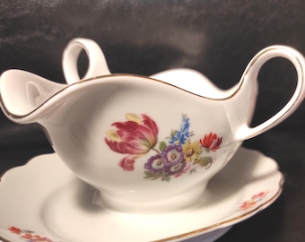 Porcelain Gravy Boat - Vintage Oskar Scheller German White Porcelain Gravy Boat Middle of the Last Century / Sauce Boat with Floral Design