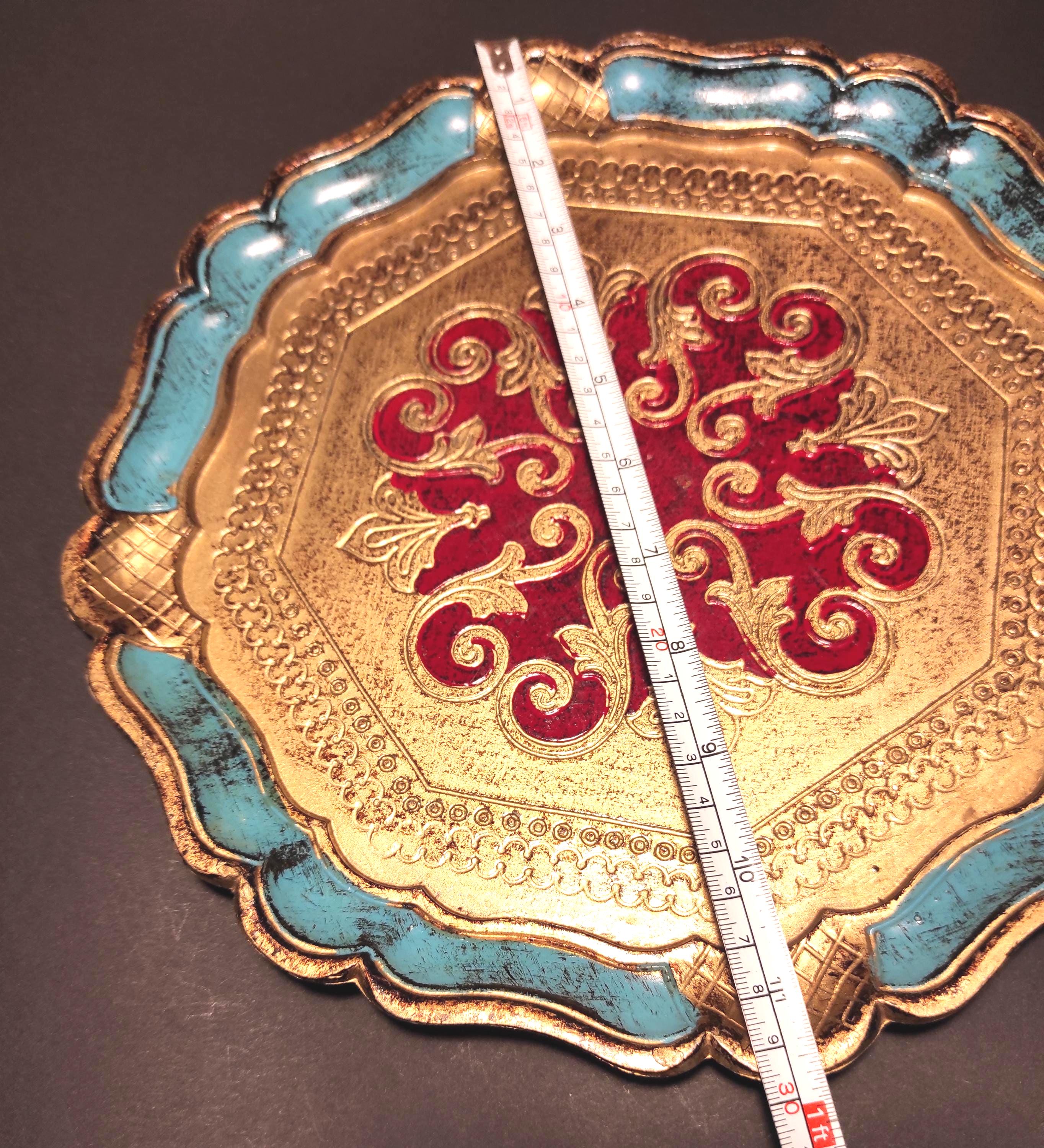 Vintage Italian Round Gold and Blue Tray / Florentine Ornate Hand ...