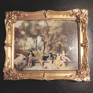 Vintage Picture Frame - Golden Wood and Plaster Frame, Without Glass, with Paper Reproduction of Painting Antoine Jean Watteau