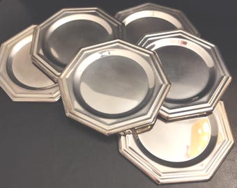 Posavasos - Juego de 6 posavasos plateados de acero vintage - Posavasos antiguos en tono plateado para ambientes vintage en cocinas, bares y restaurantes.