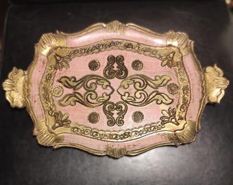 Italienisches Florentiner Tablett - Vintage Gold und Rosa Dekorativ, Frühstück Shabby Tablett für Sammlung und italienisches Dekor
