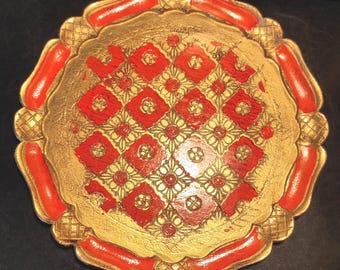 Decorattive Italian Trey - Vintage Round, Red with Gold Fruit / Florentine Tray for Party, Home, Hotel, Restaurant, Farmhouse, Kitchen Decor