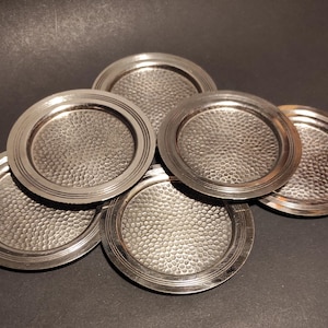 Set of 6 Vintage German Chrome Plated Brass Coasters with Distress, with Hammered Design/Silver Coasters for Serving, Decor, Bar, Restaurant