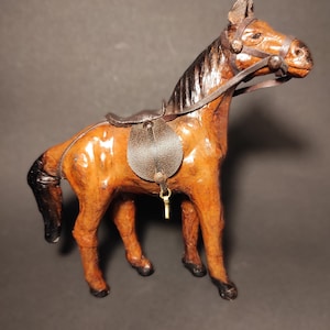 Vintage Small Wooden Horse Covered Leather/Hand Carved Horse Figurine for Bookshelf or Desk Decor/Old small horse for collection or gift