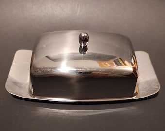 Beurrier - beurrier en acier vintage - garde-beurre - plateau et couvercle / beurrier couvert de service Allemagne, milieu du siècle