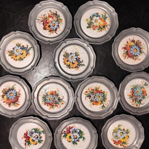 Set of 12 Vintage German Pewter Floral Coasters/Mid Century Coasters for Serving, Vintage Kitchen, Farmhouse, Restaurant or Bar Decor