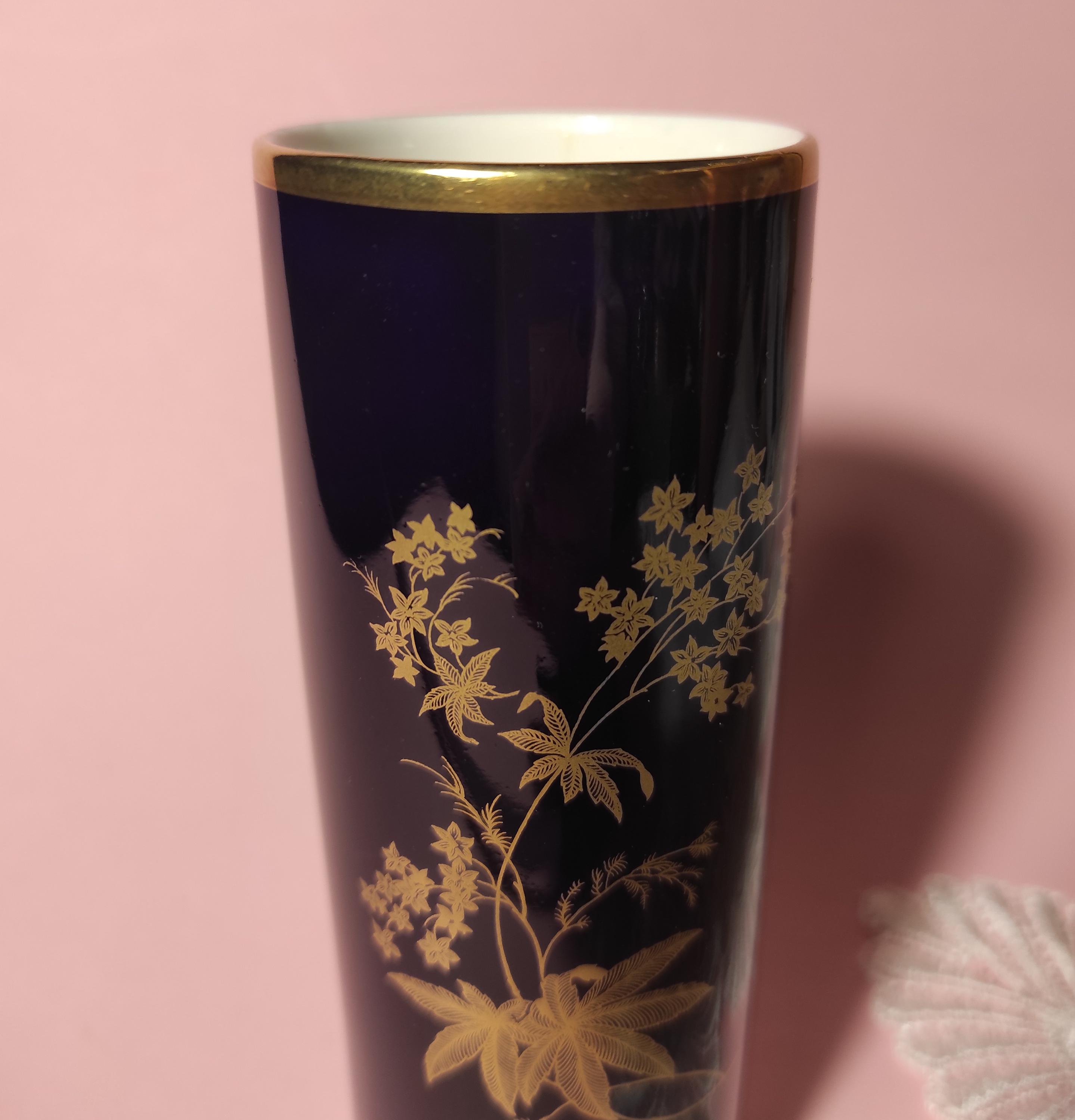 ブロンズ製花瓶 金色アクセント 花瓶 - 小型ヴィンテージ リンドナー磁器 ドイツ製花瓶 本物のコバルト