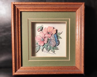 Vintage brun träram 6 1/2 x 6 1/2" (16,5 x 16,5 cm) / Bred djup träram med glas och 3D-blommotiv i papper