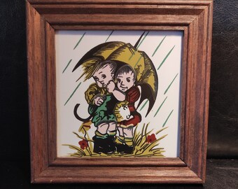 Vintage Ceramic Tile with Children's Design / German Decorative Porcelain Wall Tile in Wooden Frame