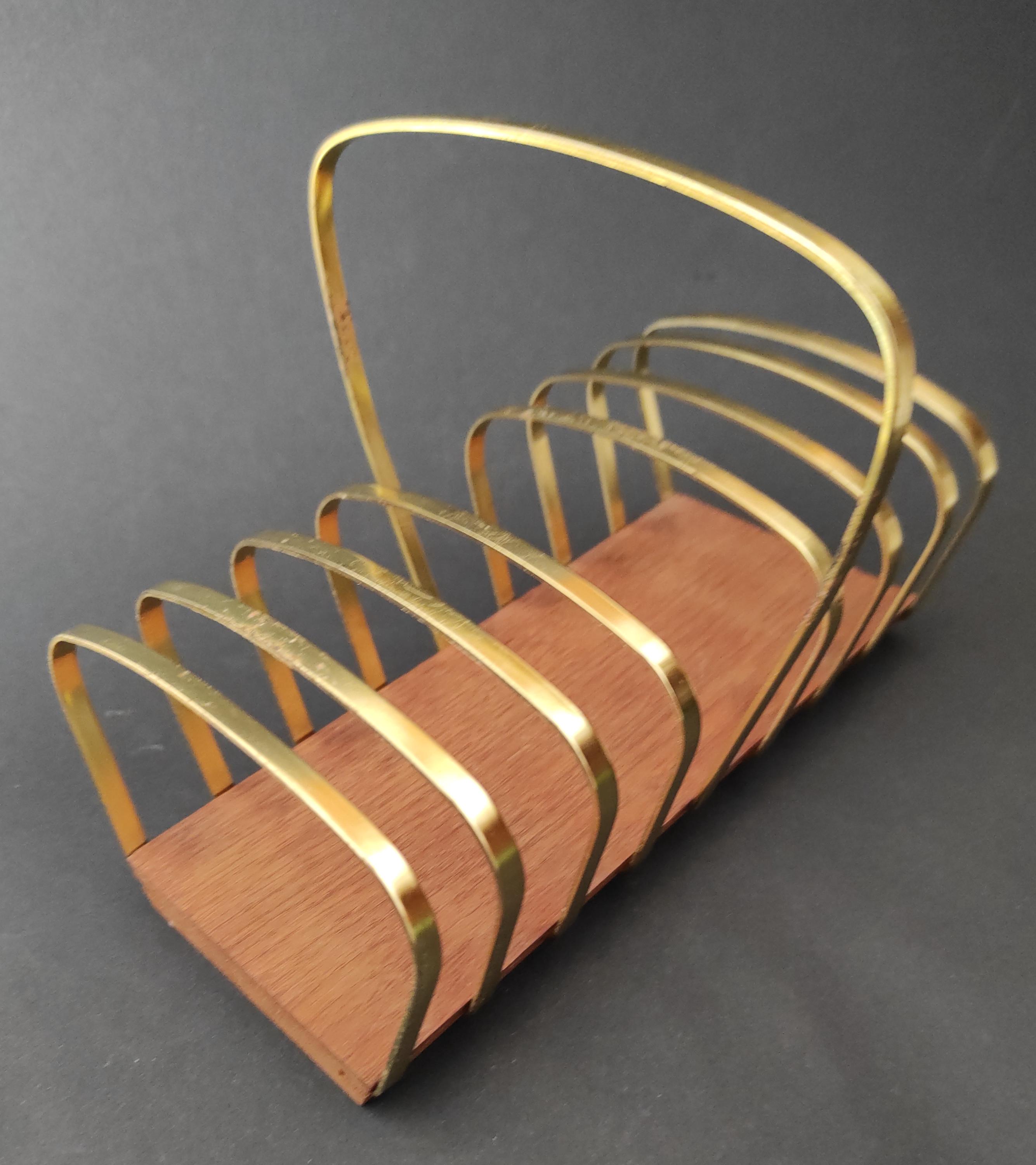 Vintage Brass Toast Rack - Mid-century Metal and Wood Toast Holder