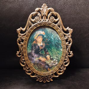 Marco de metal bañado en latón italiano vintage con vidrio, reproducción en papel, parte trasera de cartón desgastado / Marco de fotos o pinturas de latón o bronce