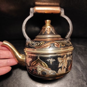 Vintage Small Brass with Copper Inlay and Hand Hammered Teapot - Small Teapot for Oriental Style Design