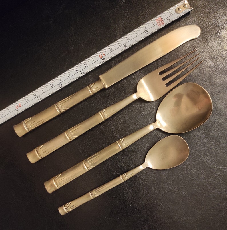 Vintage bronzenikel set 40 pieces of cutlery with bamboo-shaped handles. Cutlery with the inscription nickel bronze. Brass cutlery set. image 2