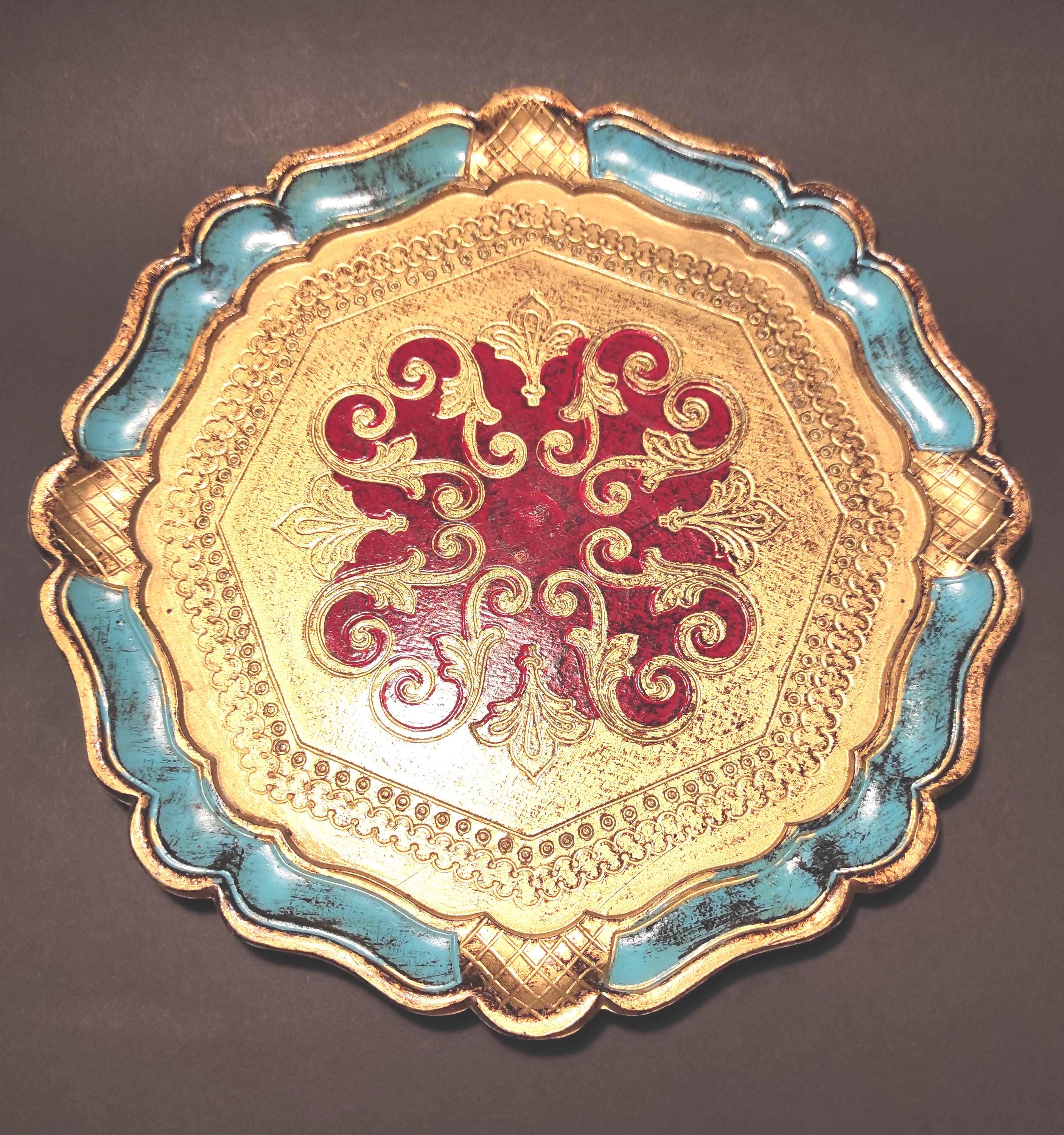 Vintage Italian Round Gold and Blue Tray / Florentine Ornate Hand ...