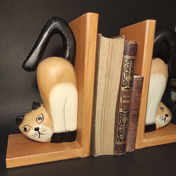Set 2 Vintage Holz Katzen Buchstützen - Lustige geschnitzte Katzen Figuren aus Holz - Schreibtisch, Bücherregal Dekor