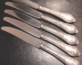 Set of 5 Vintage Large Silver Plated Dinner Knives 70s, made in USSR at the Ukrainian Metalware Plant - for collection, serving, decoration