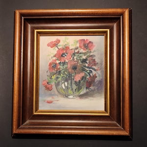 Marco de madera vintage marrón (24 x 26 cm) con pintura de flores de amapolas / Marco ancho de madera sin cristal con pintura original sobre cartón
