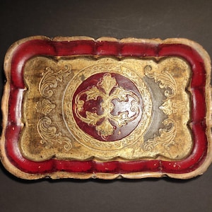 Vintage small Italian gold tray with red/Ornate hand painted serving tray/Breakfast tray or vintage decor for home kitchen cafe restaurant