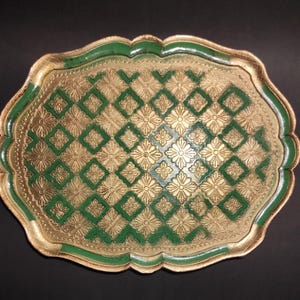 Italian Tray - Large 13"х16", 33x42cm Vintage Gold with Green Florentine Breakfast Serving Tray - kitchen, restaurant, farmhouse decor